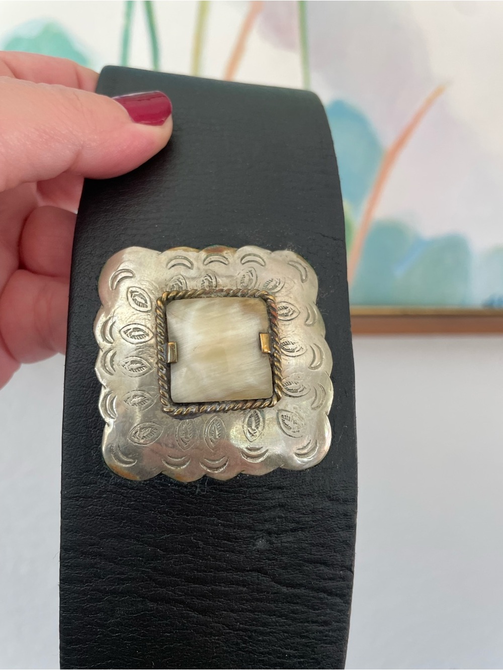 Vintage Silver Tone Concho Black Leather Bone Inlay Belt Engraved Western Belt - Picture 7 of 10